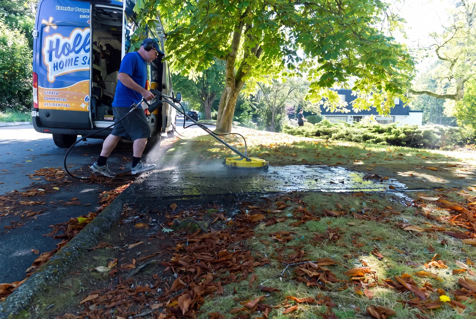 Holland Home Services crew using a surface cleaner beside the branded van